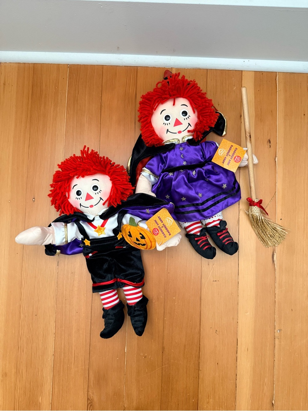 Halloween Plush Rag Doll Pair with Red Yarn Hair - Halloween Decor